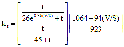 K subscript s equals open bracket the quotient of t divided by the sum of 26 times e to the power of 0.36 times parenthesis V divided by S close parenthesis plus t divided by the quotient of t divided by the sum of 45 plus t close parenthesis times open bracket the quotient of the difference of 1064 minus 94 times the quotient of open parenthesis V divided by S close parenthesis divided by 923 close bracket.