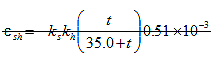 This equation, which is in strikethrough font to indicate deletion from the specification, reads epsilon subscript s h equals negative k subscript s times k subscript h times open parenthesis t divided by the sum of 35.0 plus t close parenthesis times 0.51 times 10 to the power of negative 3.
