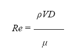 The equation reads R lowercase E is equal to rho times V times D divided by mu.