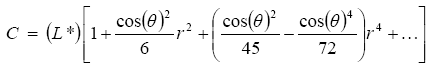 The equation reads C is equal to open parentheses L superscript star close parentheses, open bracket 1 plus the cosine of theta squared over 6 times lowercase R squared plus open parentheses the cosine of theta superscript 2 over 45 minus the cosine of theta superscript 4 over 72 close parentheses times lowercase R superscript 4 plus et cetera, et cetera, et cetera close parentheses.