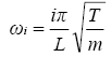 The equation reads omega subscript lowercase I is equal to lowercase I times pi over L times the square root of T over lowercase M.