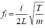 The equation reads lowercase F subscript lowercase I is equal to lowercase I over 2 times L times the square root of T over lowercase M.