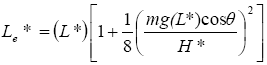 The equation reads L subscript lowercase E star is equal to open parentheses L star close parentheses, open bracket 1 plus 1 over 8 times open parentheses lowercase M-G times open parentheses L star close parentheses times the cosine of theta over H star close parentheses squared, close bracket.