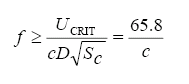 The equation reads lowercase F greater than or equal to U subscript lowercase C-R-I-T divided by lowercase C times D times the square root of S subscript lowercase C. After substitution, this equals 65.8 divided by lowercase C.