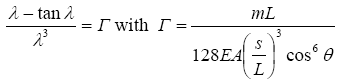 The equation reads lambda minus tangent of lambda all divided by lambda superscript 3 is equal to GAMMA and GAMMA is equal to lowercase M times L all divided by the quantity 128 times E times A open parentheses lowercase S divided by L close parentheses to the power 3 times cosine to the power 6 of theta.