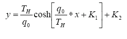 The equation reads lowercase Y is equal to T subscript H over lowercase Q subscript 0 times the hyperbolic cosine of open bracket lowercase Q subscript 0 over T subscript H times lowercase X plus K subscript 1 close bracket plus K subscript 2.