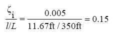 The equation reads zeta subscript lowercase I divided by the quantity lowercase L over L is equal to 0.005 divided by the quantity 11.67 feet over 350 feet after substitution. The result is 0.15.