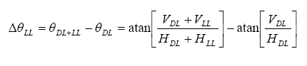 The equation reads delta of theta subscript L-L is equal to theta subscript D-L plus L-L minus theta subscript D-L is equal to arc tangent open bracket V subscript D-L plus V subscript L-L all over H subscript D-L plus H subscript L-L close bracket minus the arc tangent of open bracket V subscript D-L over H subscript D-L close bracket.