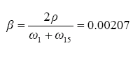 The equation reads beta is equal to 2 times rho divided by the quantity omega subscript 1 plus omega subscript 15 with a result of 0.00207.