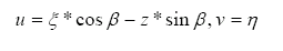 The equation reads lowercase U is equal to xi times cosine beta minus lowercase Z times sine beta and lowercase V is equal to eta.