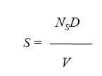 The equation reads S is equal to N subscript lowercase S times D all divided by V.