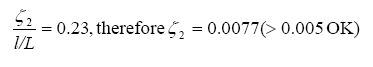 The equation reads zeta subscript 2 divided by the quantity lowercase L over L is equal to 0.23, therefore after substitution zeta subscript 2 equals 0.0077 which is greater than 0.005 and O-K.