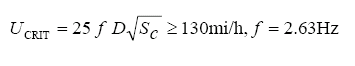 The equation reads U subscript C-R-I-T is equal to 25 times lowercase F times D times the square root of S subscript lowercase C greater than or equal to 130 miles per hour, and lowercase F is equal to 2.63 hertz.