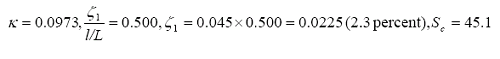 The equation reads kappa equals 0.0973, and zeta subscript 1 divided by the quantity lowercase L over L equals 0.500, and zeta subscript 1 equals 0.045 times 0.500 with the result of 0.0225 or 2.3 percent, and S subscript lowercase c equals 45.1.