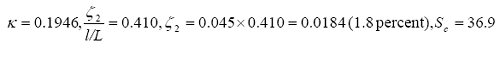 The equation reads kappa equals 0.1946, and zeta subscript 2 divided by the quantity lowercase L over L equals 0.410, and zeta subscript 2 equals 0.045 times 0.410 with the result of 0.0184 or 1.8 percent, and S subscript lowercase c equals 36.9.