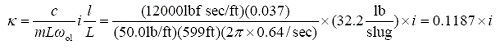 The equation reads kappa is equal to lowercase C divided by the quantity lowercase M times L times omega subscript lowercase O-1 all times lowercase I times lowercase L over L.  With substitutions, this becomes open parentheses 12000 pounds force seconds per foot close parentheses times open parentheses 0.037 close parentheses divided by the quantity open parentheses 50.0 pounds per foot close parentheses times open parentheses 599 feet close parentheses times open parentheses 2 times pi times 0.64 radians per second close parentheses all times open parentheses 32.2 pounds per slug close parentheses times lowercase I.  The result is kappa equals 0.1187 times lowercase I.