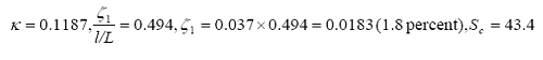 The equation reads kappa equals 0.1187, and zeta subscript 1 divided by the quantity lowercase L over L equals 0.494, and zeta subscript 1 equals 0.037 times 0.494 with the result of 0.0183 or 1.8 percent, and S subscript lowercase c equals 43.4.