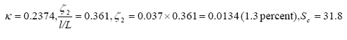 The equation reads kappa equals 0.2374, and zeta subscript 2 divided by the quantity lowercase L over L equals 0.361, and zeta subscript 2 equals 0.037 times 0.361 with the result of 0.0134 or 1.3 percent, and S subscript lowercase c equals 31.8.