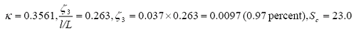 The equation reads kappa equals 0.3561, and zeta subscript 3 divided by the quantity lowercase L over L equals 0.263, and zeta subscript 3 equals 0.037 times 0.263 with the result of 0.0097 or 0.97 percent, and S subscript lowercase c equals 23.0.