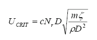 The equation reads U subscript C-R-I-T is equal to lowercase C times N subscript lowercase R times D times the square root of lowercase M times zeta divided by rho times D squared.