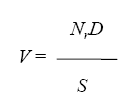 The equation reads V is equal to N subscript lowercase R times D that sum divided by S.