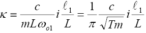 The equation reads kappa is identical to lowercase C divided  by lowercase M times L times omega subscript lowercase O-1, that sum times  lowercase I times lowercase L subscript 1 divided by L is equal to 1 divided by  pi times lowercase C divided by the square root of T times lowercase M all  times I times lowercase L subscript 1 divided by L.