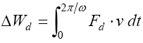 The equation reads the delta of W subscript lowercase D is  equal to the integral from 0 to 2 times pi over omega of F subscript lowercase  D times nu times differential in lowercase  T.