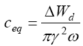 The equation reads lowercase C subscript lowercase E-Q is  equal to delta of W subscript lowercase D divided by pi times gamma squared  times omega.