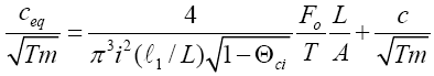 The equation reads lowercase C subscript lowercase E-Q divided  by the square root of T times lowercase M is equal to 4 all over the sum of pi  cubed times lowercase I squared times open parentheses lowercase L subscript 1  over L close parentheses times square root 1 minus THETA subscript lowercase C-I  all times F subscript lowercase O divided by T times L divided by A plus  lowercase C divided by the square root of T times lowercase M.