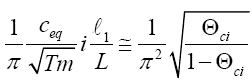 The equation reads 1 divided by pi times lowercase C subscript  lowercase E-Q divided by square root of T times lowercase M times lowercase I times  lowercase L subscript 1 divided by L is equal or almost equal to 1 divided by  pi squared times square root of THETA subscript lowercase C-I divided 1 minus THETA  subscript lowercase C-I.