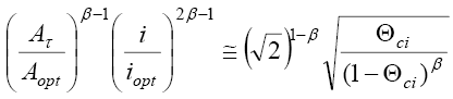 The equation reads open parentheses A subscript tau over A subscript o-p-t close parentheses superscript beta minus 1 times open parentheses lowercase I over lowercase I subscript o-p-t close parentheses superscript 2 times beta minus 1 is equal or almost equal to the square root of 2 superscript 1 minus beta times the square root of THETA subscript lowercase C-I over open parentheses 1 minus THETA subscript lowercase C-I close parentheses superscript beta.