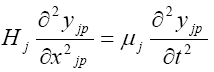 The equation reads H subscript lowercase J times partial second-order differential in lowercase Y subscript lowercase J-P over partial second-order differential in X subscript lowercase J-P is equal to mu subscript lowercase J times partial second-order differential in lowercase Y subscript lowercase J-P over partial second-order differential in T.