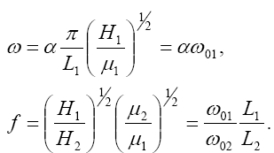 The equation reads omega is equal to alpha times pi over L subscript 1 times open parentheses H subscript 1 over mu subscript 1 close parentheses to the power of one-half is equal to alpha times omega subscript 01. In the second equation, lowercase F is equal to open parentheses H subscript 1 over H subscript 2 close parentheses to the power of one-half times open parentheses mu subscript 2 over mu subscript 1 close parentheses to the power of one-half is equal to omega subscript 01 over omega subscript 02 times L subscript 1 over L subscript 2.