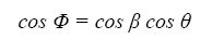 The equation reads the cosine of phi is equal to the cosine of beta times the cosine of theta.