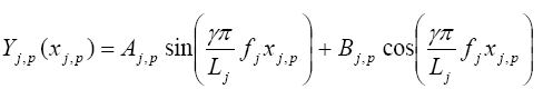 The equation reads Y subscript lowercase J comma P open parentheses lowercase X subscript lowercase J comma P close parentheses is equal to A subscript lowercase J comma P times the sine of open parentheses gamma times pi over L subscript lowercase J times lowercase F subscript lowercase J times lowercase X subscript lowercase J comma P close parentheses plus B subscript lowercase J comma P times the cosine of open parentheses gamma times pi over L subscript lowercase J times lowercase F subscript lowercase J times lowercase X subscript lowercase J comma P close parentheses.