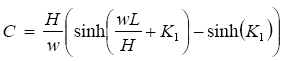 The equation reads C is equal to H over lowercase W open parentheses hyperbolic sine of  open parentheses lowercase W times L over H plus K subscript 1 close parentheses minus hyperbolic sine of open parentheses K subscript 1 close parentheses, close parentheses.