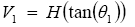 The equation reads V subscript 1 is equal to H times open parentheses tangent open parentheses theta subscript 1 close parentheses, close parentheses.