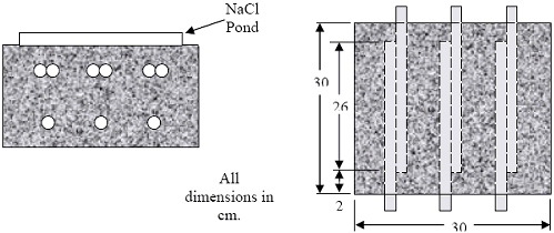 The illustration shows top and side views of a concrete specimen with overlapping reinforcing bars.