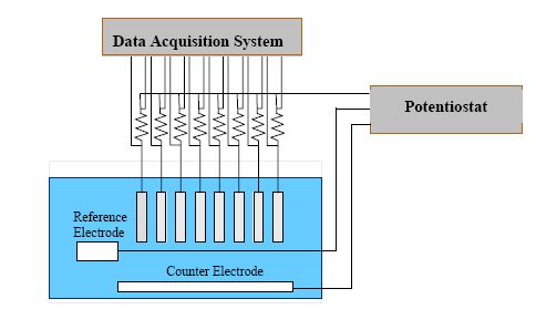 The illustration depicts the test container with multiple specimens inserted, a potentiostat, and the data acquisition system.