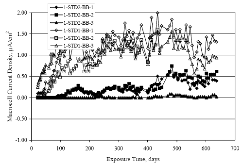 The graph shows that current density increased with time to a plateau value.  This apparent steady-state value was higher for S T D 1 than for S T D 2.