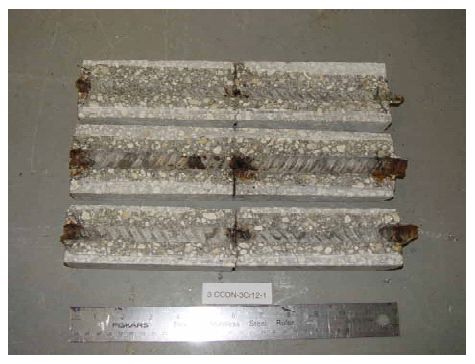 The photo shows corrosion products at the bar ends and where the simulated crack intersects the trace.