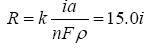 Uppercase R equals k times i times a, divided by the quantity: n times uppercase F times rho, closed quantity, that entire quotient set equal to 15.0 times i.