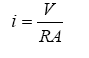 i equals the quotient of the following: uppercase V and the quantity uppercase R times uppercase A, closed quantity.