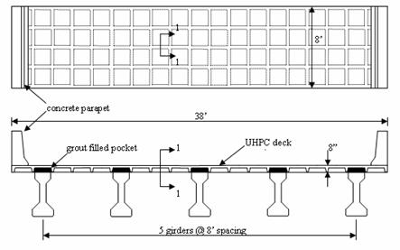 Figure 2. Diagram. UHPC Bridge Deck Panel Plan and Cross Section View.  This figure illustrates the proposed deck panel. The analyzed UHPC deck panel is 11.6 m (38 ft) wide and 2.4 m (8 ft) in the direction of traffic. A concrete parapet spans across the longitudinally post-tensioned deck elements. Composite action between the girders and the deck is assured via shear connectors that extend from the girders into pockets created between webs of the deck panel. These pockets are filled with grout.