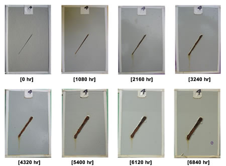 Figure 19. Photo. Progressive changes of panel 4 (three-coat: ALT). This figure shows a series of photos of scribed three-coat panel 4 at time periods of 0, 1,080, 2,160, 3,240, 4,320, 5,400, 6,120, and 6,840 h of accelerated lab testing (ALT). The photos do not show any holidays or surface deterioration from the time of exposure to 6,120 h; however, one holiday is shown at the termination of testing at 6,840 h. Rust creepage growth appears minimal at all time periods. 