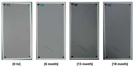 Figure 25. Photo. Progressive changes of panel 44 (two-coat: NW). This figure shows a series of photos of scribed two-coat panel 44 at time periods of 0, 7, 13, and 18 months of natural weathering (NW) exposure. The photos do not show any holidays or surface deterioration. Rust creepage growth appears to be minimal or zero for all time periods.