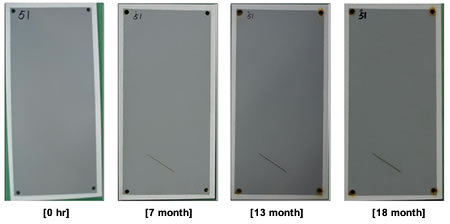 Figure 26. Photo. Progressive changes of panel 51 (two-coat: NWS). This figure shows a series of photos of scribed two-coat panel 51 at time periods of 0, 7, 13, and 18 months of natural weathering exposure with salt spray (NWS). The photos do not show any holidays or surface deterioration. Rust creepage growth appears to be minimal or zero for all time periods.