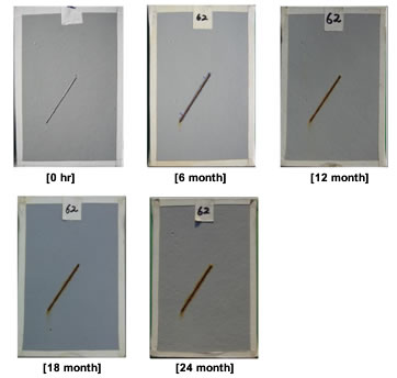 Figure 28. Photo. Progressive changes of panel 62 (ASP: ME). This figure shows a series of photos of scribed polyaspartic (ASP) panel 62 at time periods of 0, 6, 12, 18, and 24 months of marine exposure (ME). The photos do not show any holidays or surface deterioration. Rust creepage growth appears to be very minimal or zero for all time periods.