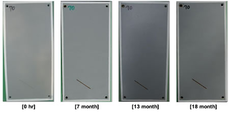 Figure 29. Photo. Progressive changes of panel 70 (ASP: NW). This figure shows a series of photos of scribed polyaspartic (ASP) panel 70 at time periods of 0, 7, 13, and 18 months of natural weathering (NW) exposure. The photos do not show any holidays or surface deterioration. Rust creepage growth appears to be minimal or zero for all time periods.