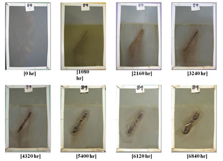 Figure 31. Photo. Progressive changes of panel 84 (EM: ALT).This figure shows a series of photos of scribed epoxy mastic (EM) panel 84 at time periods of 0, 1,080, 2,160, 3,240, 4,320, 5,400, 6,120, and 6,840 h of accelerated lab testing (ALT). The photos do not show any holidays or surface deterioration. Rust creepage growth appears at 3,240 h and continues to grow through the rest of ALT. 